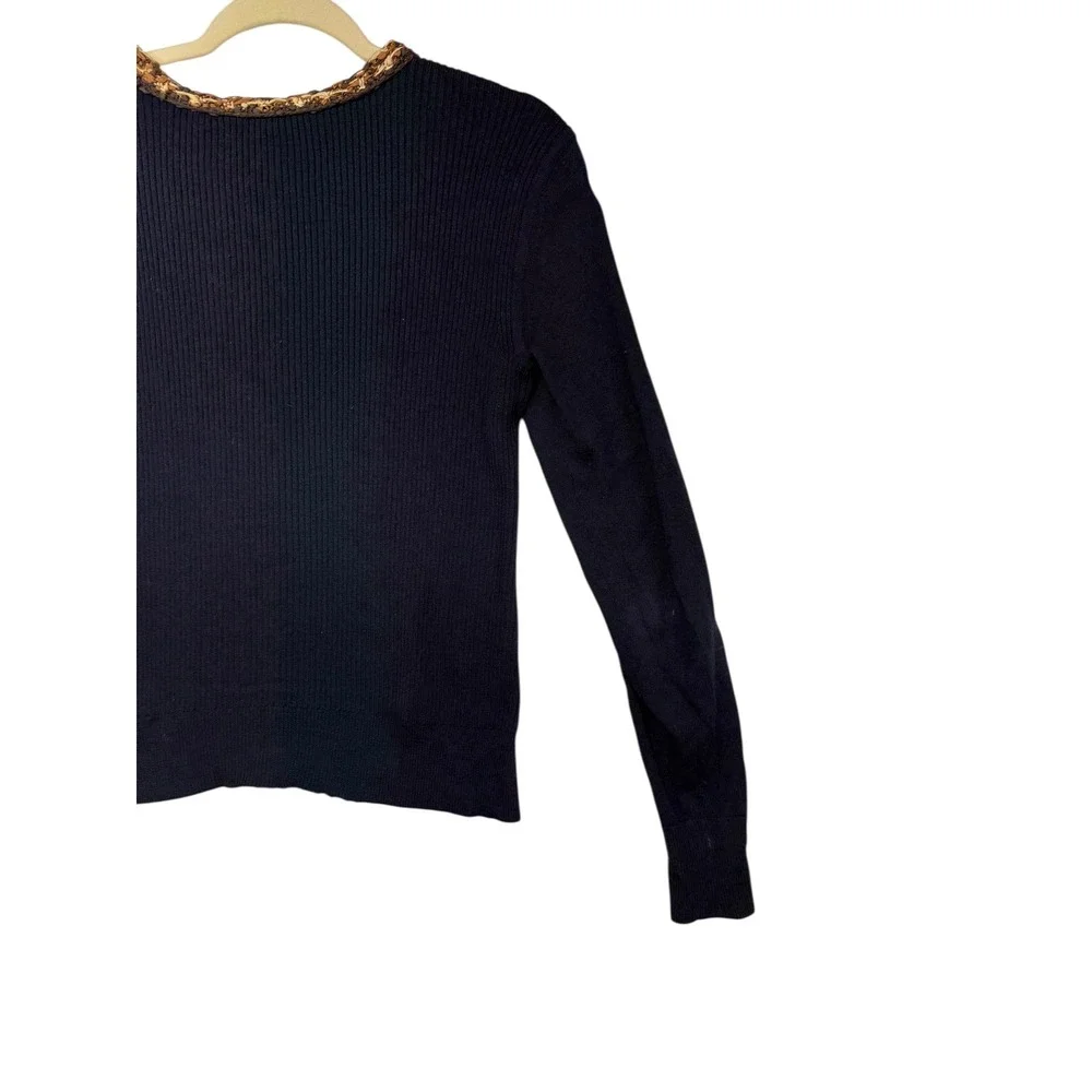 Tory Burch Black Knit Sweater Textured‎ Metallic Front Panel XS